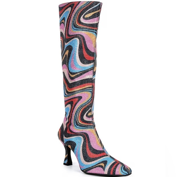 Gianni Bini Cat-Walk Glitter Snip Toe Colorful Swirl Pattern Knee-High Boots NWT - Picture 1 of 16